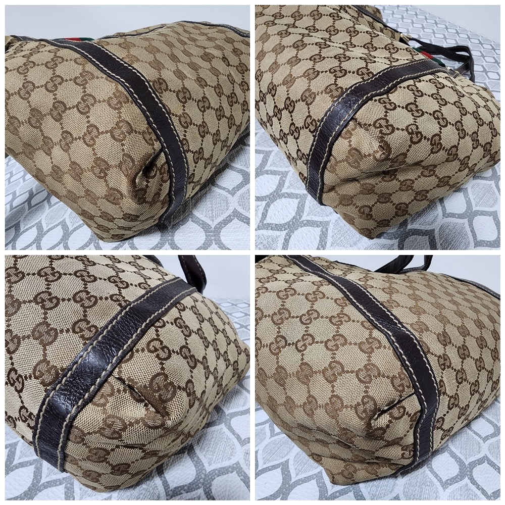 Gucci Beige GG Canvas Tote with Brown Trim and Green-Red Web - Picture 11 of 14